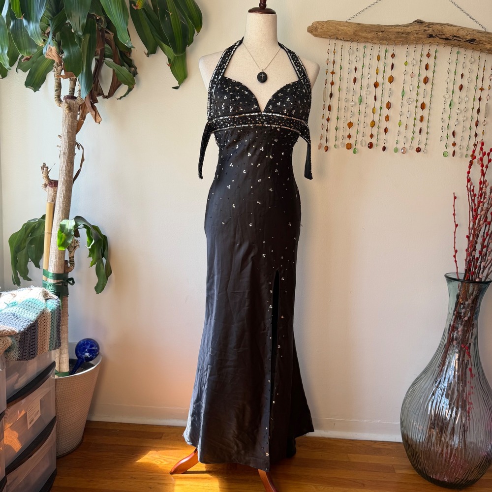 Vintage 90s Sparkle Black Beaded Sequin Halter Formal Prom Dress XXS Fairy Goth